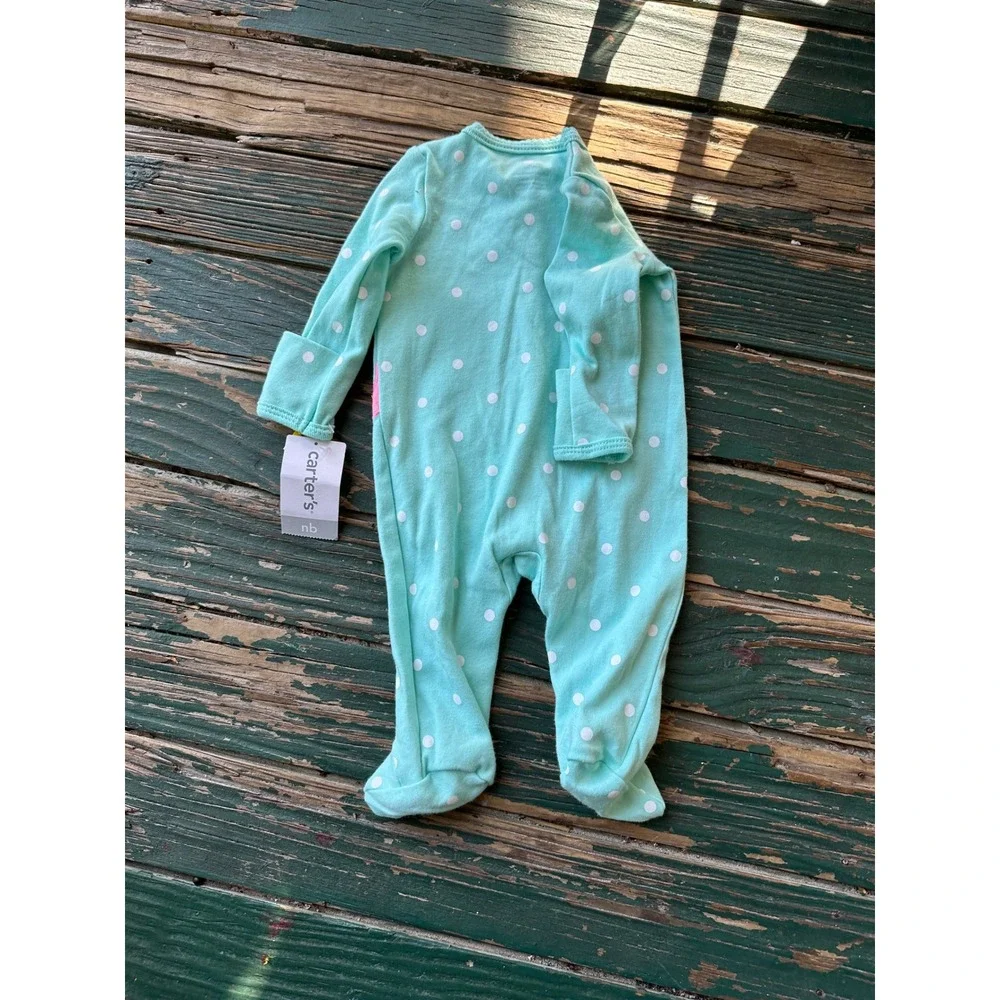 Carters Newborn Girl Aqua Polka Dot Puppy Dog Footed Sleeper Snap Up NWT 3057
